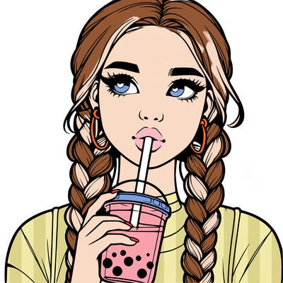 realistic girl with braided hair drinking boba