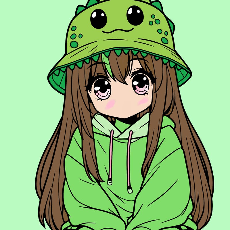 girl with anime shaped eyes with a dinosaur bucket hat oversized sweatshirt long straight hair