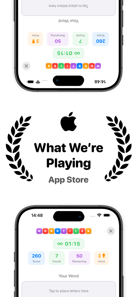 Word Tiles: Puzzle Word Game - Word Tiles Puzzle Word Game featured on the Apple App Store What We Are Playing section