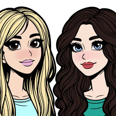 realistic two freinds girls both with blonde hair and brown eyes both hve noses one with straight hair and on with wavy hair realistic