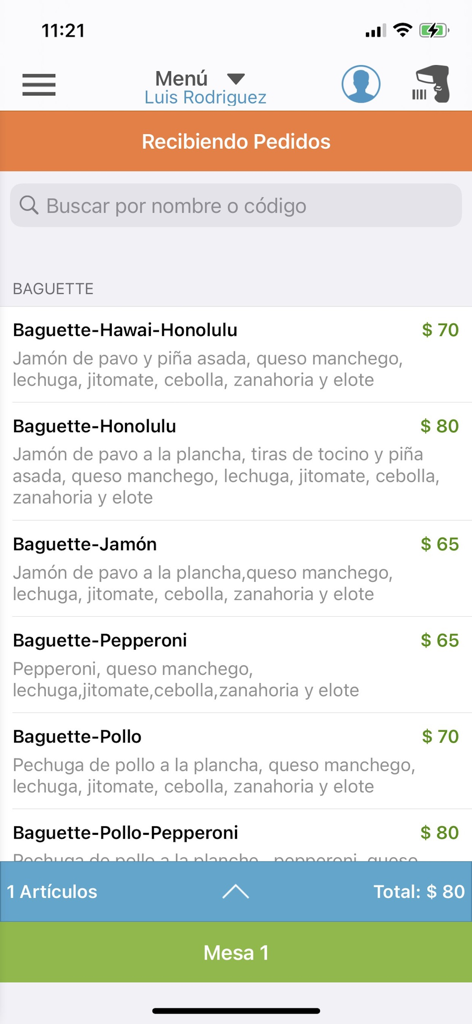 Tela do aplicativo móvel Vende YA! POS exibindo uma lista de baguetes com preços e seleção de mesa para gerenciamento de pedidos.