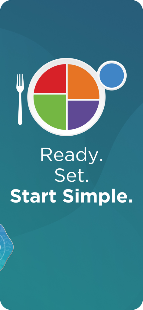 Intro screen for the USDA Start Simple with MyPlate app featuring the MyPlate icon and the text Ready Set Start Simple.
