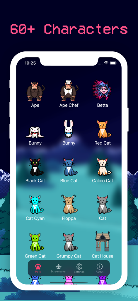 Pets Therapy - A selection screen in the Pets Therapy app showing various pixel art characters like cats and monkeys