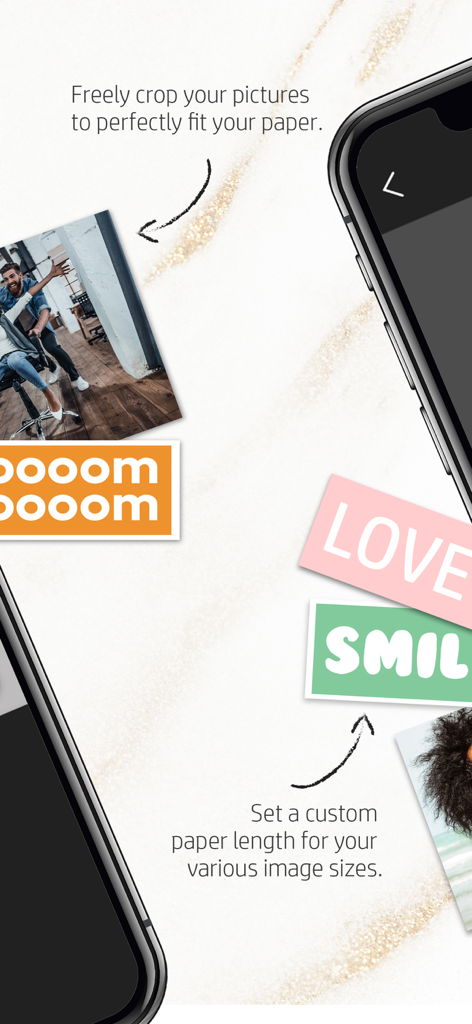 HP Sprocket Panorama - Mobile app screen for cropping photos and setting custom paper lengths for stickers