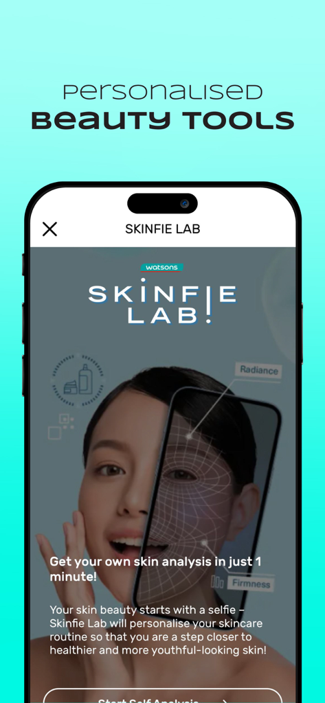 Watsons SG: Your Official App - Watsons SG app Skinfie Lab screen featuring AI skin analysis and personalized beauty tools.