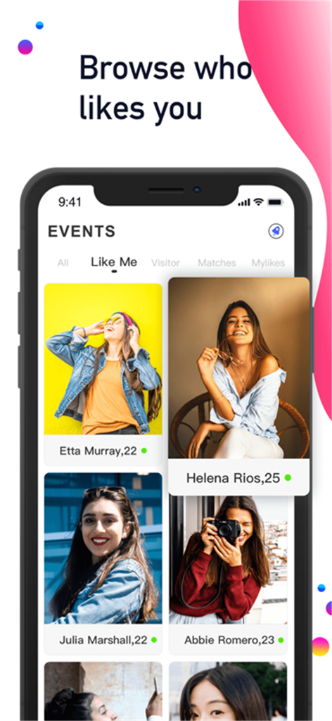 Interfaccia dell'app mobile che mostra un elenco di profili utente che hanno messo mi piace al tuo profilo nell'app di incontri Hot-Casual.