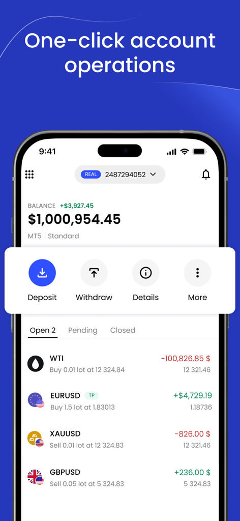 JustMarkets trading app interface showing one-click account operations and open market positions