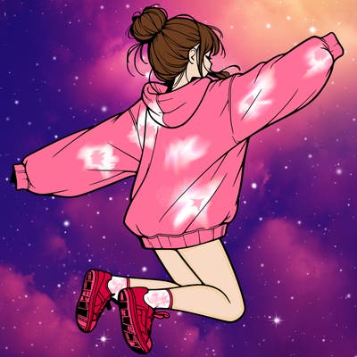 realistic girl jumping with a bun and oversized sweatshirt