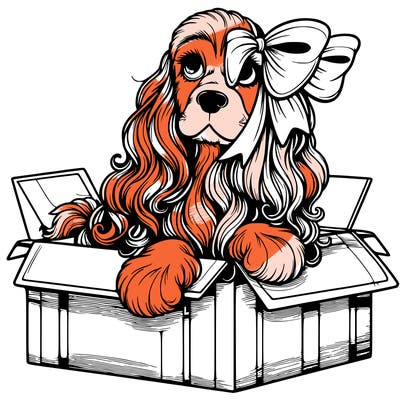 a spaniel american cocker with a beautiful bow coming out if a box realistic cute