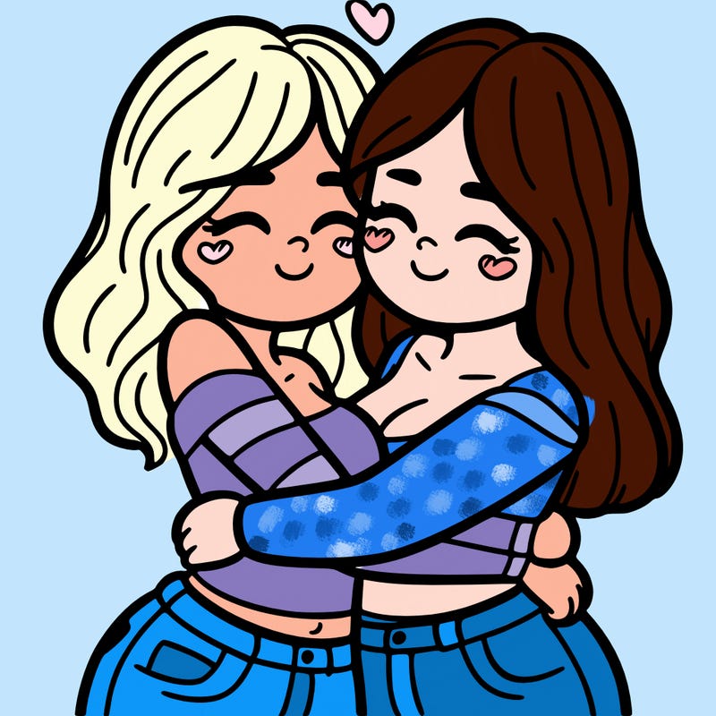 two females (pride month) hugging