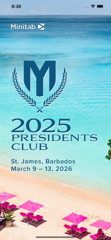 Minitab President's Club 2025 - Minitab President's Club 2025 welcome screen showing the event dates and location in Barbados over a tropical beach background.