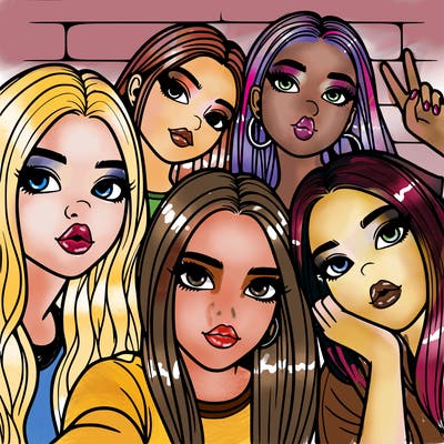 group of teen girls friends y2k up close in a selfie
