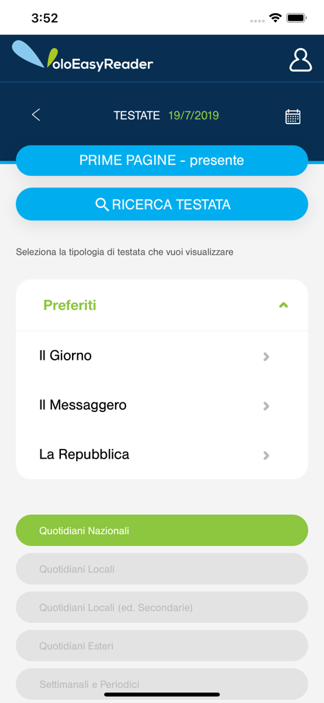VoloEasyReader app interface showing a list of favorite Italian newspapers and categories for digital reading