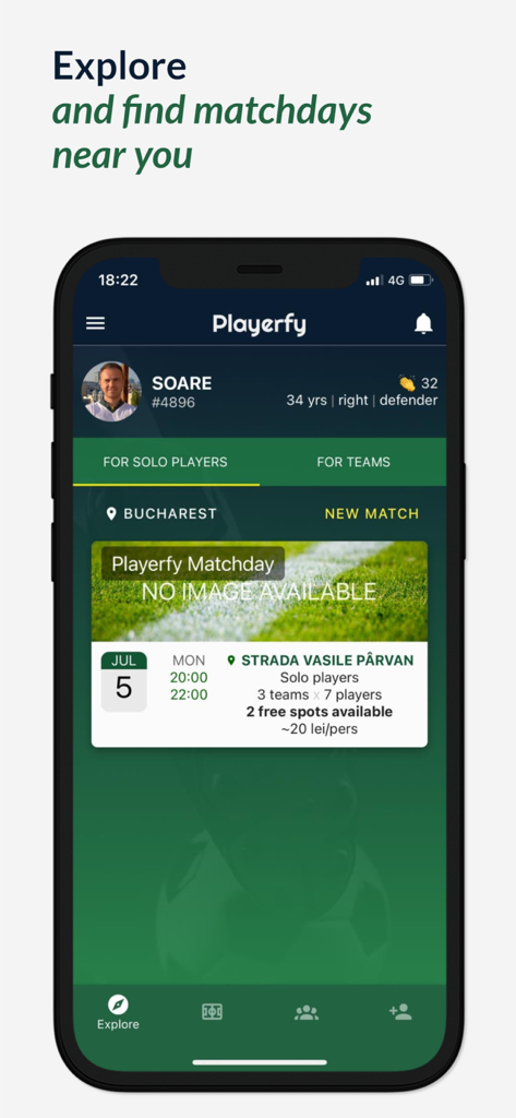 Playerfy - Playerfyモバイルアプリのインターフェイス。参加できる利用可能なサッカ​​ーの試合のリストを表示。