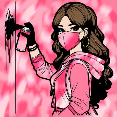 realistic girl with mask spray painting a wall