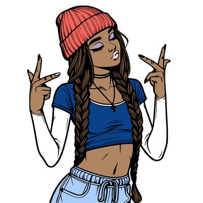 realistic teenage girl with braids and a beanie and crop top doing 🫶🏼