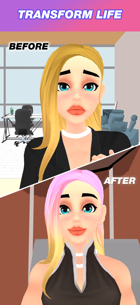 Become a Justice Queen - A before and after character transformation showing a makeover for Eva in Become a Justice Queen