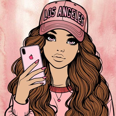realistic beautiful girl wearing los ángeles cap holding an iphone