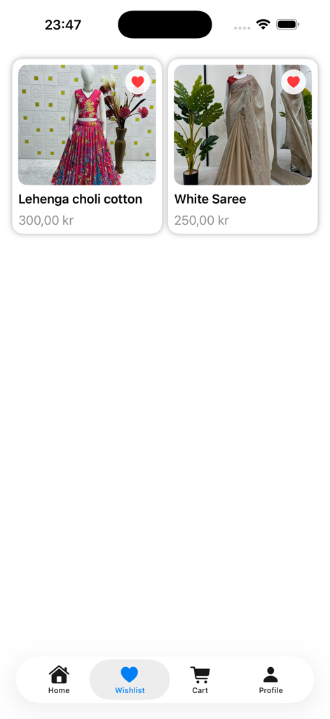 Deshi-Boutique - Deshi Boutique app wishlist view featuring a cotton lehenga choli and a white saree