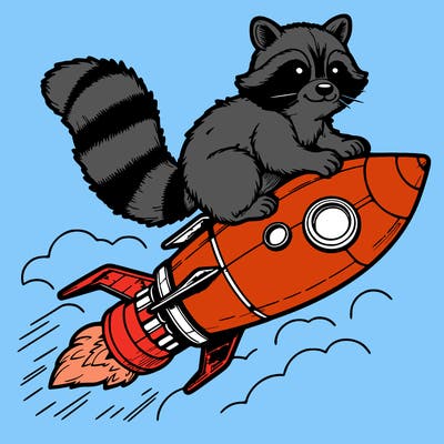 realistic raccoon flying on top rocket ship