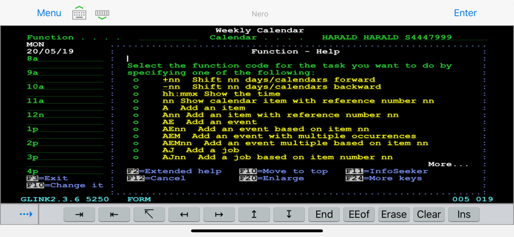Glink 5250 - Interface do emulador de terminal Glink 5250 mostrando uma tela verde IBM iSeries com menu de ajuda e botões de navegação