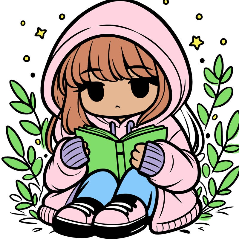 girl in oversized hoodie reading a book