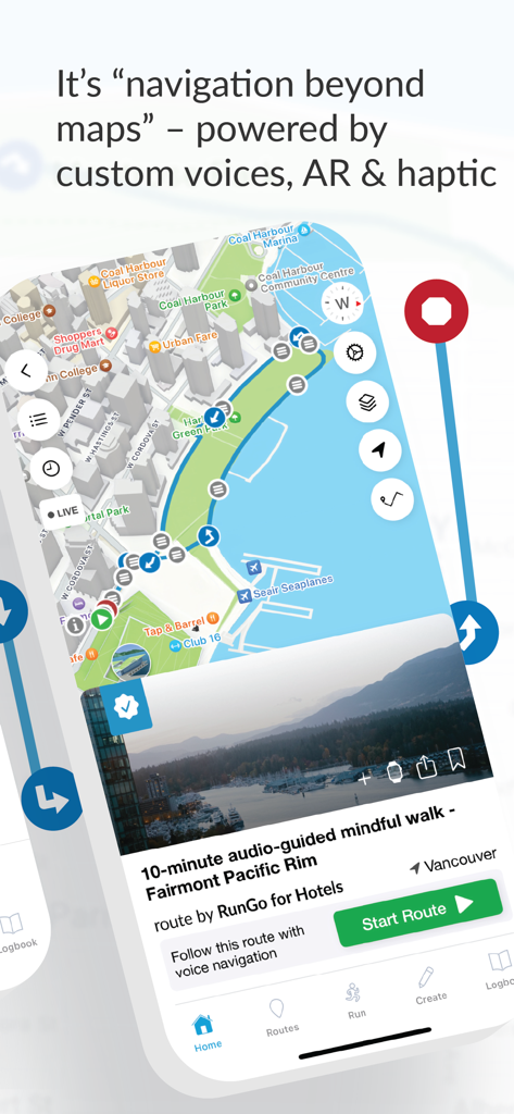 RunGo - The Best Routes to Run - RunGo app interface showing a 10 minute audio guided mindful walk route in Vancouver