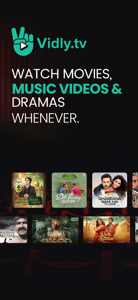 Vidly.tv app screen showcasing Pakistani movies music videos and dramas