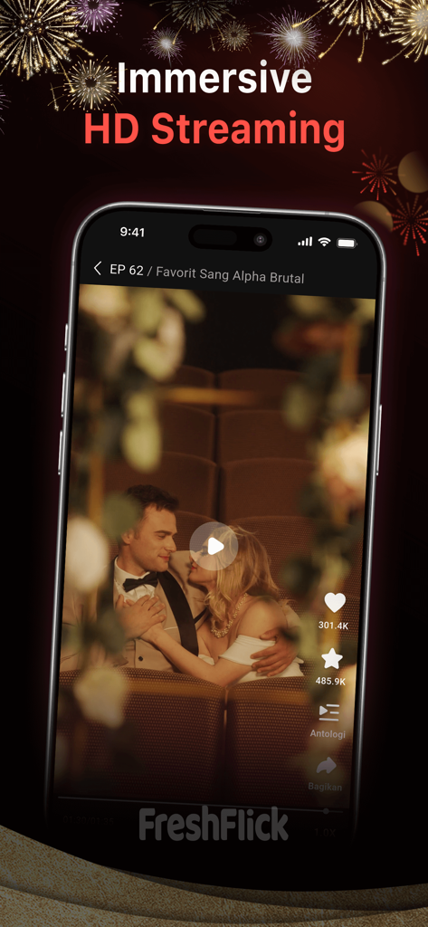 FreshFlick: Movie Drama Reels - Un smartphone mostrando una escena de drama romántico corto en la aplicación FreshFlick con texto de streaming HD inmersivo y fuegos artificiales en el fondo