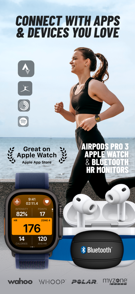 FITIV Pulse AI Workout Tracker - Donna che corre con FITIV Pulse su Apple Watch che visualizza metriche di frequenza cardiaca insieme ad AirPods e monitor della frequenza cardiaca