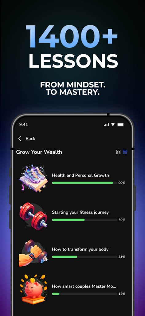 Legacy Academy - Legacy Academyアプリのインターフェース、健康のマインドセットと富の進捗状況バーが表示された自己啓発レッスンを表示
