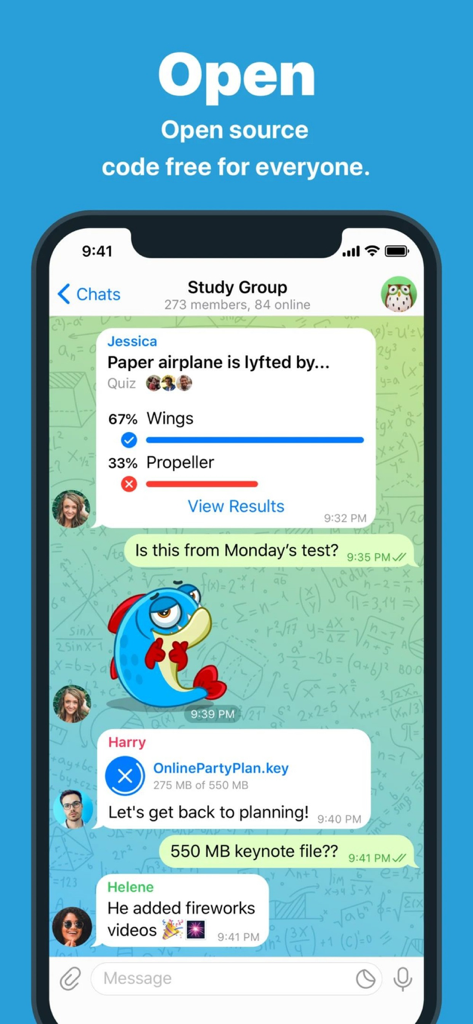 TG Connect - A group chat interface in TG Connect showing a poll, an animated sticker, and a file transfer.