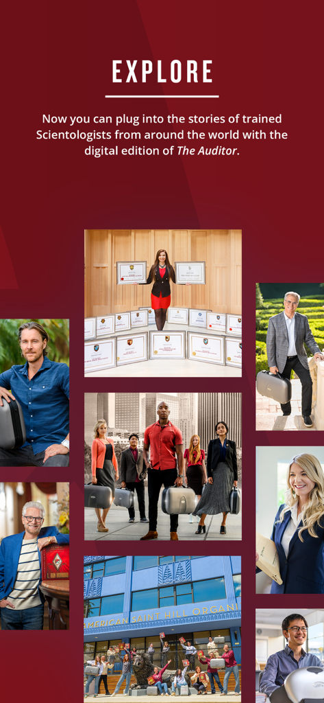 The Auditor - Un collage de fotos de cienciólogos entrenados y el texto Explora la edición digital de The Auditor.