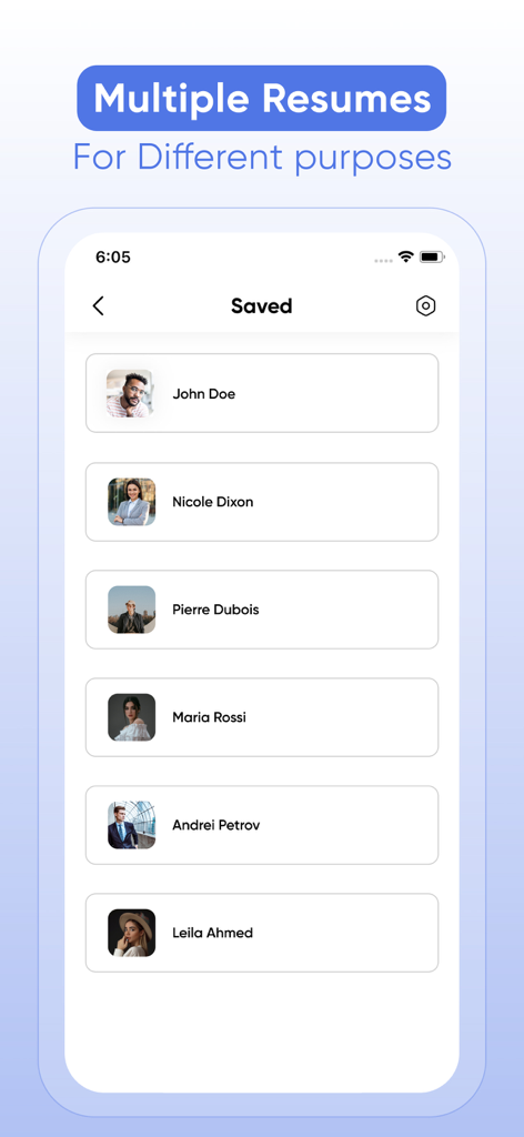 Resume Maker - CV Builder ۬ - Interfaz de aplicación móvil que muestra múltiples currículums guardados para diferentes propósitos laborales