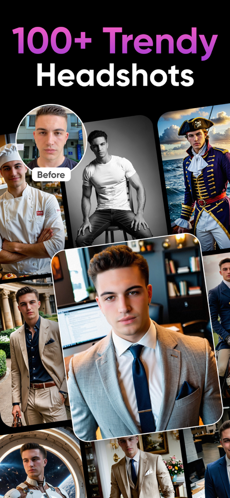 AI Photo Generator: Remake AI - A collection of AI-generated headshots for men in various styles including professional suits, casual wear, a chef uniform, and a pirate costume