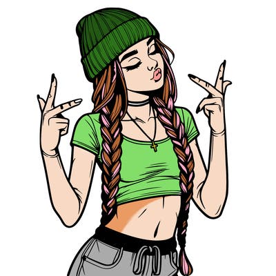 realistic teenage girl with braids and a beanie and crop top doing 🫶🏼