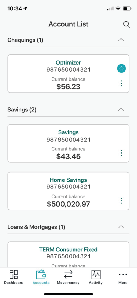 Connect First mobile app account list showing chequing and savings balances