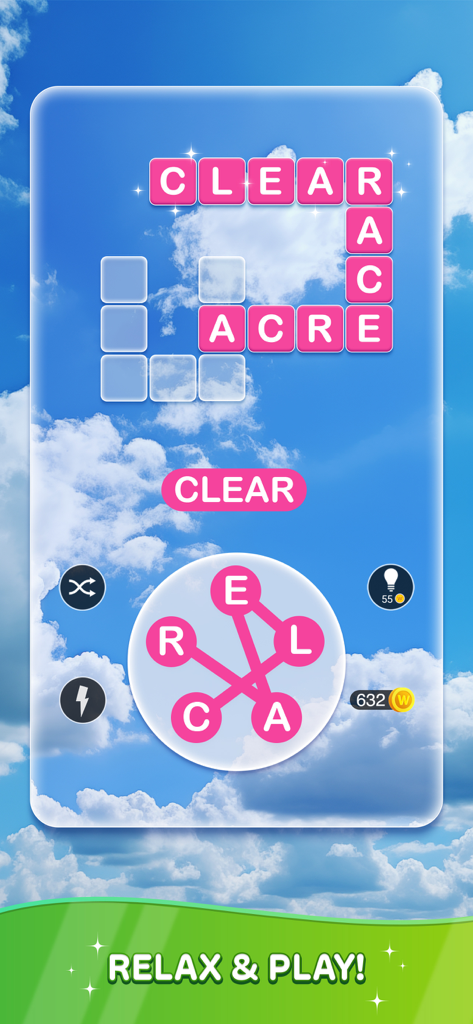Word Bliss - from PlaySimple - A word link puzzle gameplay screen from Word Bliss with a serene sky background and the text Relax and Play