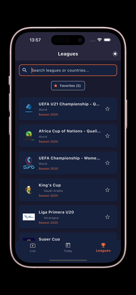 Yacine TV - ياسين تيفي - Yacine TV app interface displaying a searchable list of global football leagues including UEFA and King's Cup in dark mode.