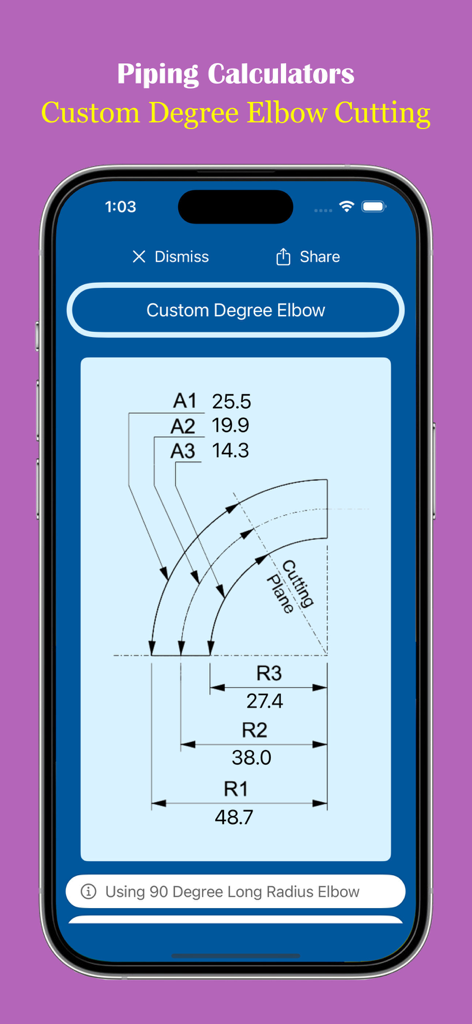Piping Calculators - Interface of the Piping Calculators app showing a diagram for custom degree elbow cutting with technical measurements
