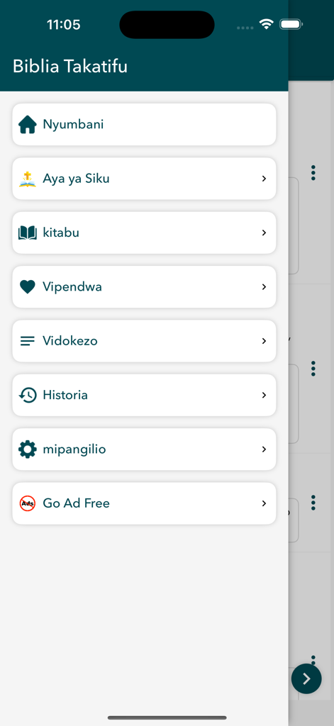 Biblia Takatifu - Un menu de navigation latéral de l'application Biblia Takatifu (Bible Swahili) montrant les options pour Accueil, Verset du Jour, Livre, Favoris, Notes, Historique et Paramètres.