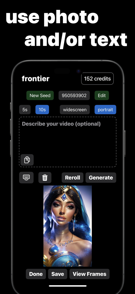 AI Video Generator Frontier AI - Frontier AI app interface showing text and photo to video generation controls with a fantasy character preview