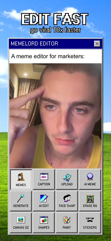 Memelord Mobile - AIツールとマーケター向けのレトロデザインを備えたプロフェッショナルミームエディタを表示するMemelord Mobileアプリのインターフェース。