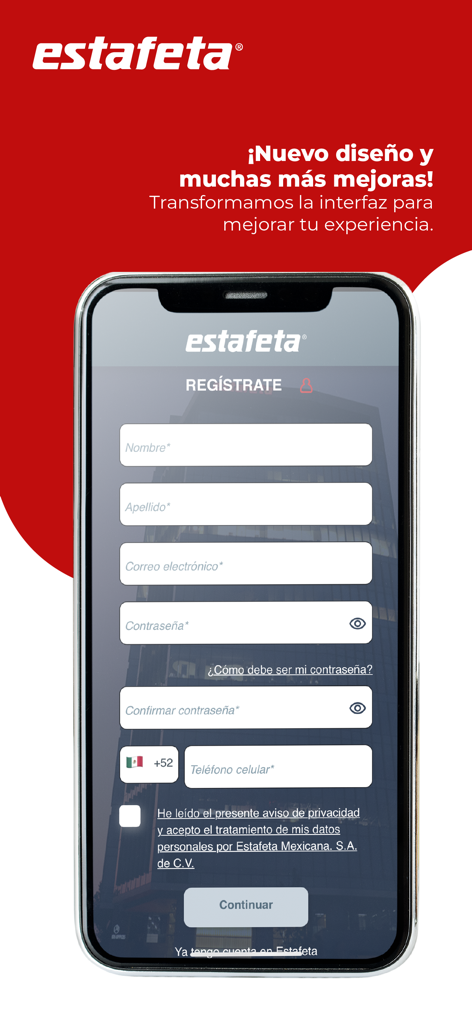 Tela de registro para o aplicativo Estafeta movil mostrando um formulário de inscrição para novos usuários