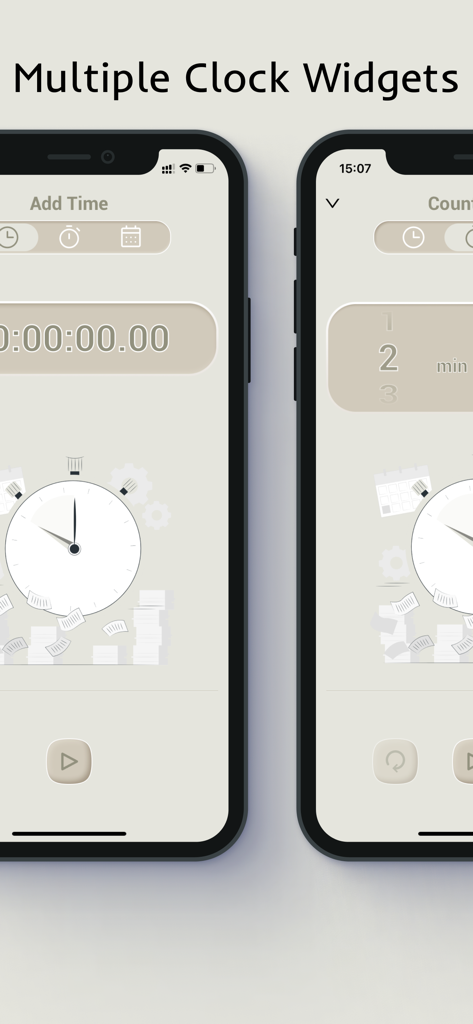 X Clock - Live in the present - Two iPhones displaying multiple aesthetic clock and timer widgets in a minimal beige theme