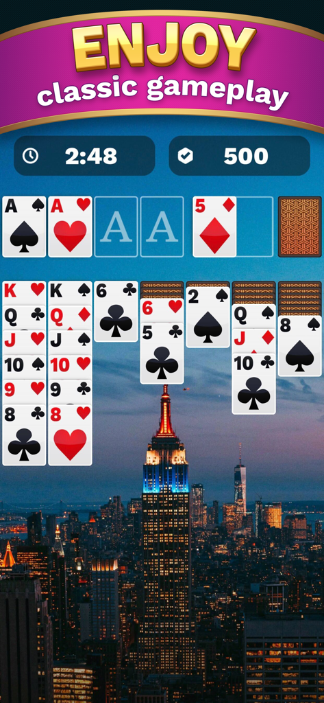 One Solitaire Cube - Gameplay screenshot of One Solitaire Cube showing a Klondike card match with a night city skyline background