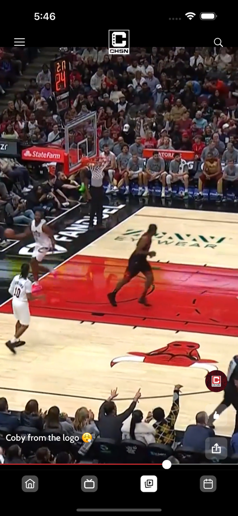 Live streaming of a Chicago Bulls basketball game on the CHSN mobile app interface