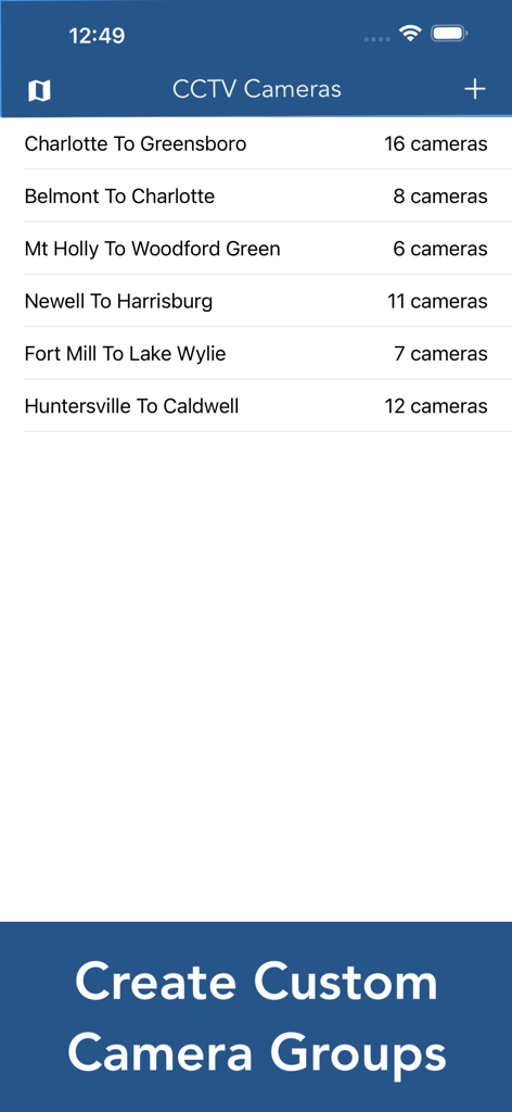 North Carolina Traffic Cameras - Interface showing a list of custom traffic camera groups for North Carolina routes