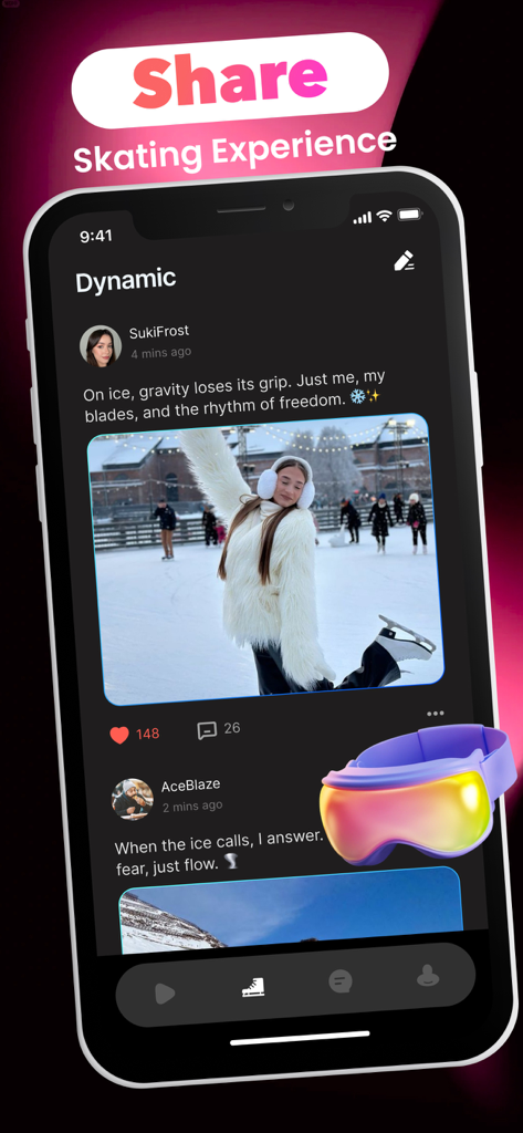 Rosie - Live Chat, Video Call - Social feed on the Rosie app showing skating posts and photos.