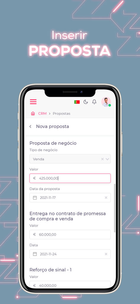 A mobile interface from the zap app showing a real estate proposal form with fields for sale value, dates, and contract details.